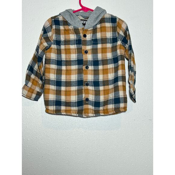 DKNY Baby Yellow and Blue Flannel Button Up Fleece Lining with Gray Hood Sz 24M - Picture 1 of 4